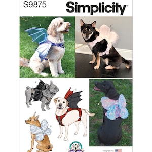 May include: Simplicity pattern S9875 featuring dog costumes with wings. The image shows dogs wearing various wing designs, including dragon and butterfly styles. The costumes are in different colors and materials, with a variety of harnesses.