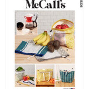 May include: A sewing pattern for five different reusable bags, including a tote bag, a mesh produce bag, and a small zippered pouch. The bags are shown in various colors and patterns, including yellow, blue, and white.