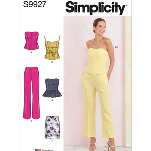 May include: A sewing pattern for a strapless top and pants, with a yellow top and pants, a pink top and pants, a black top with a ruffle, and a floral skirt. The pattern number is S9927.