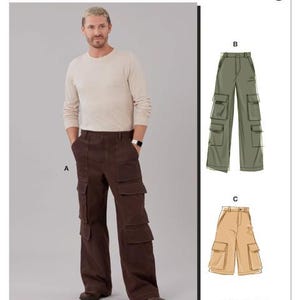 May include: A man wearing brown cargo pants with multiple pockets, paired with a long-sleeved cream-colored shirt. The image also shows illustrations of green and tan cargo pants. The McCall's logo is at the top.