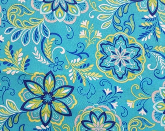 Aqua Flora Cotton Fabric Sold by the Yard