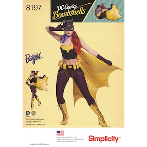 May include: A sewing pattern for a Batgirl costume from DC Comics Bombshells. The pattern includes a purple and yellow costume with a cape and boots. The pattern number is 8197.