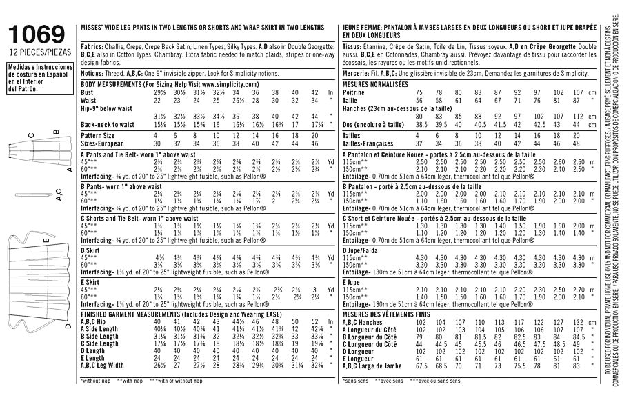 Patron Simplicity S1069.D5 - Jupe, Short Pantalon Femme 32 - 40