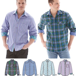 May include: Simplicity pattern 1544 features men's shirts. The image shows two men wearing different shirt styles. One is a purple striped shirt with a pocket, and the other is a green and blue plaid shirt. Below are four shirt design options.