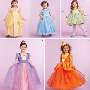 May include: A Simplicity sewing pattern for five different princess costumes for girls. The pattern includes a yellow Belle costume, a blue Cinderella costume, a green Tinkerbell costume, a purple Rapunzel costume, and an orange Candy Corn costume.