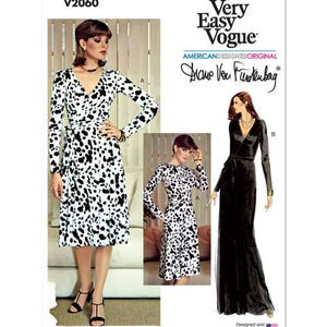 May include: A sewing pattern for a wrap dress with long sleeves. The pattern is by Very Easy Vogue and is designed by Diane Von Furstenberg. The pattern includes two different styles of dresses, one with a shorter length and a black and white spotted print, and the other with a longer length and a solid black color.