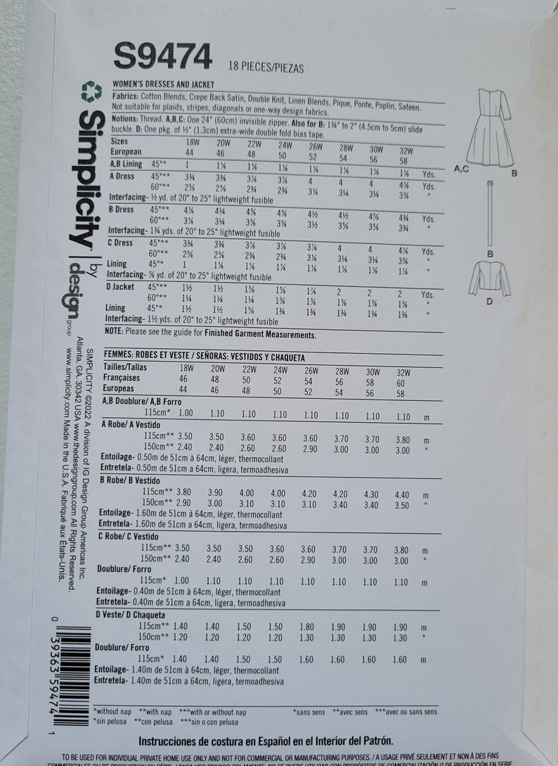 Simplicity Sewing Pattern S9474 Women's Dresses and Jacket | Etsy
