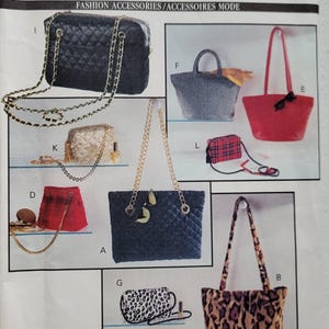 May include: A Butterick 6382 sewing pattern envelope featuring illustrations of various handbags including quilted chain-strap bags, a red tote, a plaid crossbody, a leopard print tote, and a beige shoulder bag with various accessories.