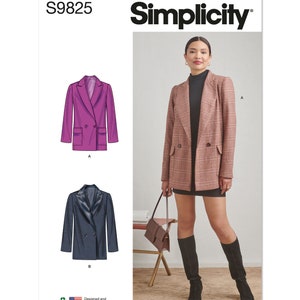 May include: Simplicity sewing pattern S9825 for a double-breasted blazer with a notched collar. The pattern includes two variations: a pink blazer with a pocket and a navy blue blazer with a black collar.