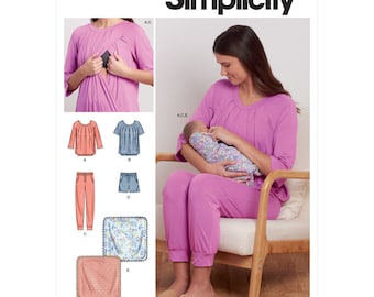 May include: Simplicity sewing pattern S9556 for a nursing top, pants, shorts, and a baby blanket. The pattern includes a pink top with a nursing opening, a blue top, pink pants, blue shorts, and a floral print baby blanket.