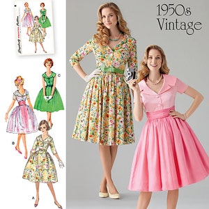 May include: Simplicity pattern number 1459 for a 1950s vintage dress. The pattern includes four different styles of dresses, all with a full skirt. The dresses are shown in a variety of colors and patterns, including floral, solid, and polka dot.
