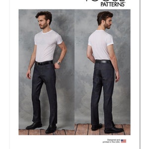 May include: Vogue Patterns V1915 sewing pattern for jeans. The pattern shows a model wearing a white t-shirt and dark blue jeans with a black belt. The model is shown from the front and back. The pattern is designed and printed in the USA.