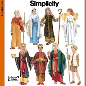 May include: A Simplicity sewing pattern for making Nativity costumes. The pattern includes designs for a shepherd, angel, wise man, and Mary. The pattern is illustrated with colorful drawings of children wearing the costumes.