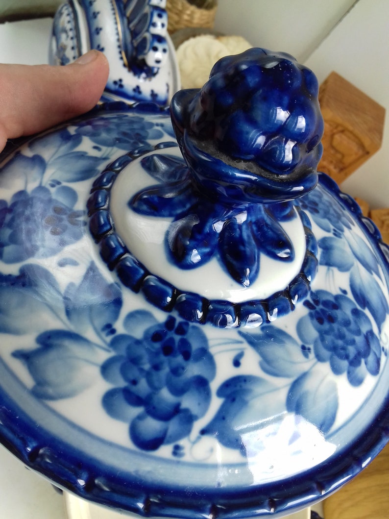 Vintage Pot with Lid Porcelain tableware Gzhel Blue /& White Ceramics Candy Bowl Hand Painted Pottery Rustic Container Food Gravy Boat