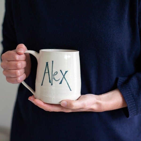Large modern named handthrown mug with large handle, personalised gift for him or her, beer mug or tea/coffee mug