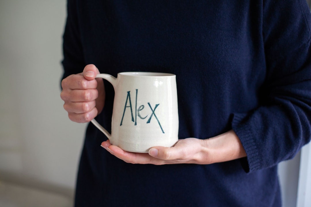 Handthrown Personalised Mug With Curved in Rim, Large Handle, Custom ...