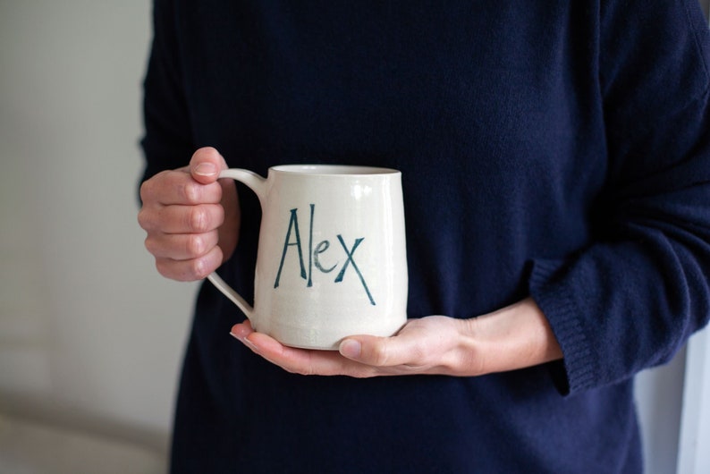 Large modern named handthrown mug with large handle, personalised gift for him or her, beer mug or tea/coffee mug image 1