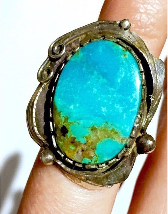 Vintage Navajo Blue gem Turquoise Sterling Silver… - image 1