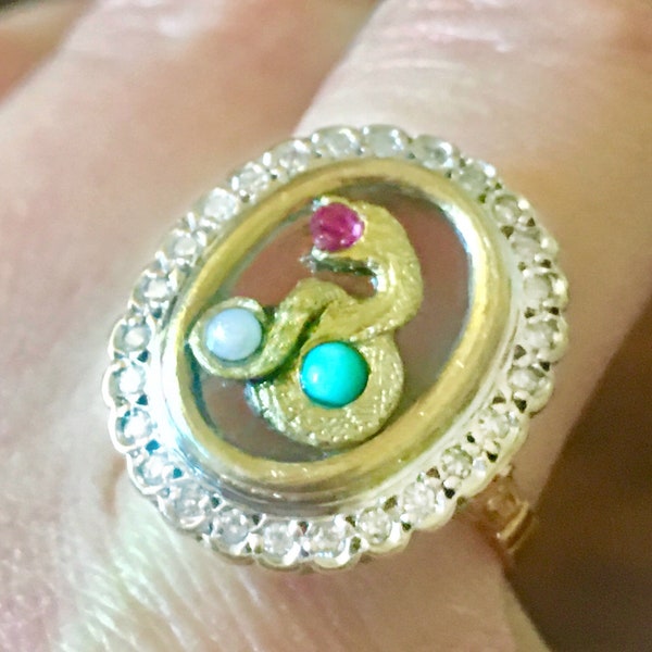 High purity 15k 16k gold antique Snake Serpent Ruby diamonds turquoise halo Daisy Art Work ring Victorian style