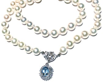 Platinum Diamonds Aquamarine Akoya pearls Art Deco BIG Diamond clasp Long saltwater Akoya pearls Diamonds clasp 14k necklace