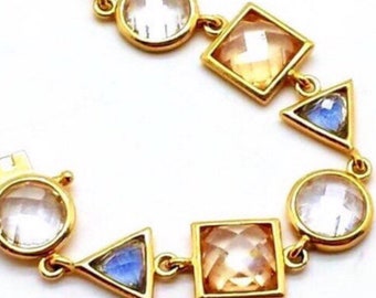 Rare geometric shapes bezel set gemstones link sterling silver gold wash bracelet