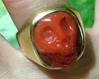 Anillo de oro de 14 k Memento Mori con calavera, anillo de coral tallado, anillo para hombre, anillo para hombre, anillo de calavera