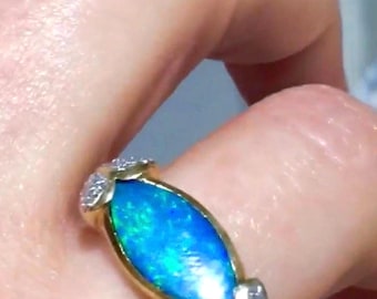 14k Blue Australian Opal ring with diamonds Modernist style