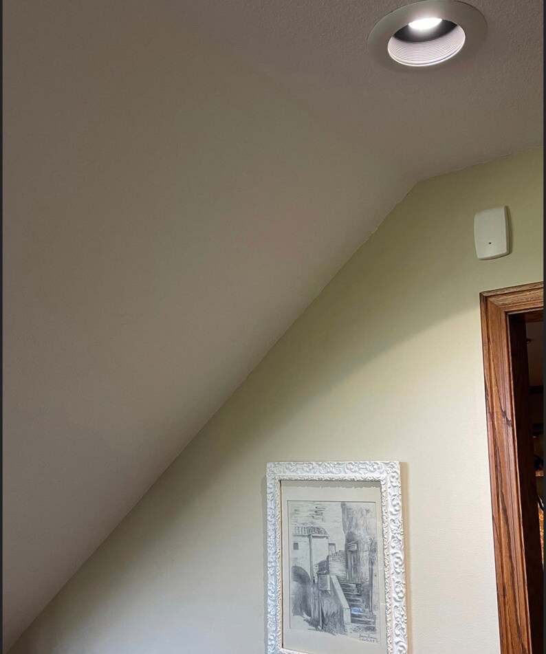 May include: A recessed ceiling light with a bright, focused beam. The light is set in a white circular housing. A framed black and white print of a European street scene hangs on the wall. The wall is painted a light green color.