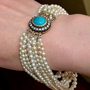 BIG 14k Victorian Turquoise diamonds halo chased clasp with saltwater baby pearls untreated turquoise