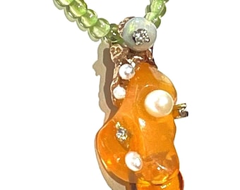 14k Gold Mexican Fire Opal Pendant: Diamond & Pearl October Birthstone