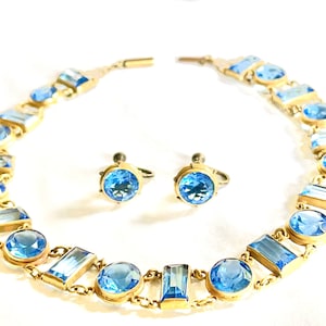Victorian riviere to Art Deco Paste Sterling silver gold gilt Riviere Blue topaz blue zircon Paste stones necklace choker and earrings