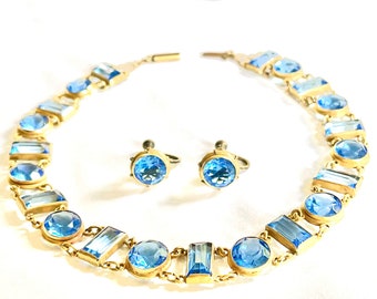 Victorian riviere to Art Deco Paste Sterling silver gold gilt Riviere Blue topaz blue zircon Paste stones necklace choker and earrings