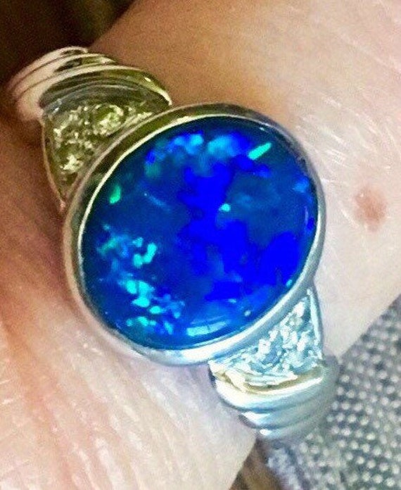 18k Natur Blue Opal VS Diamonds ring birthstone oc
