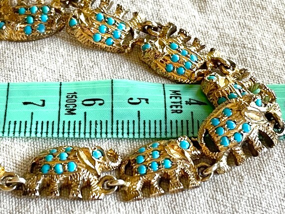 Bracelet Vintage En Métal Argenté Avec éléphants Et Cabochons Turquoise - Longueur 17-18 Cm - Occasion, Fermoir Crochet