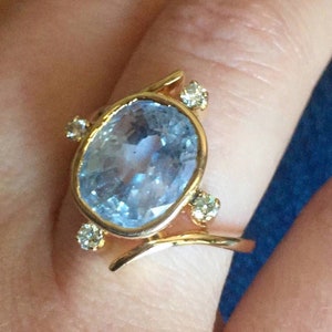 Anillo antiguo de zafiro de 18 k con cambio de color pastel, zafiro transparente, diamantes bypass, antiguo vintage, compromiso, oro de 18 k