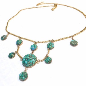Victorian Pave Turquoise clusters Victorian 9K gold Chain turquoise Necklace