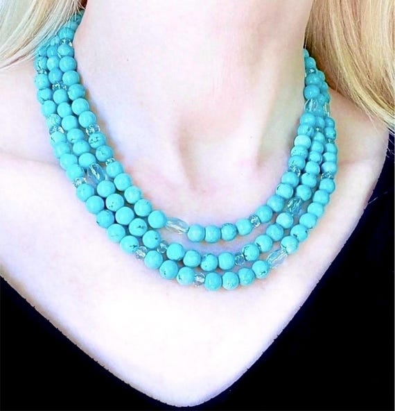 Triple Turquoise necklace natural blue White Water turquoise necklace multistrand turquoise necklace