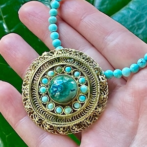 BIG Turquoise pendant byzantine style and turquose beads for necklace