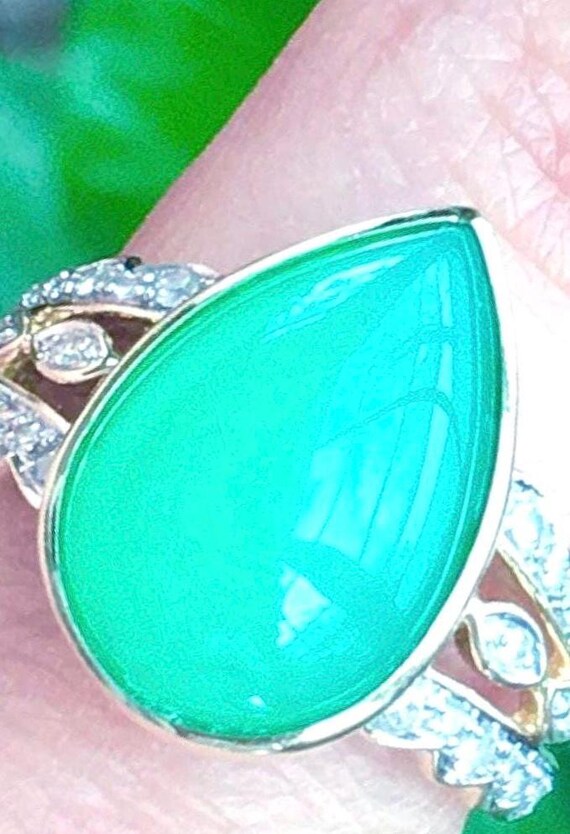 14k gold Natural Fresh Green Chrysoprase diamonds ring
