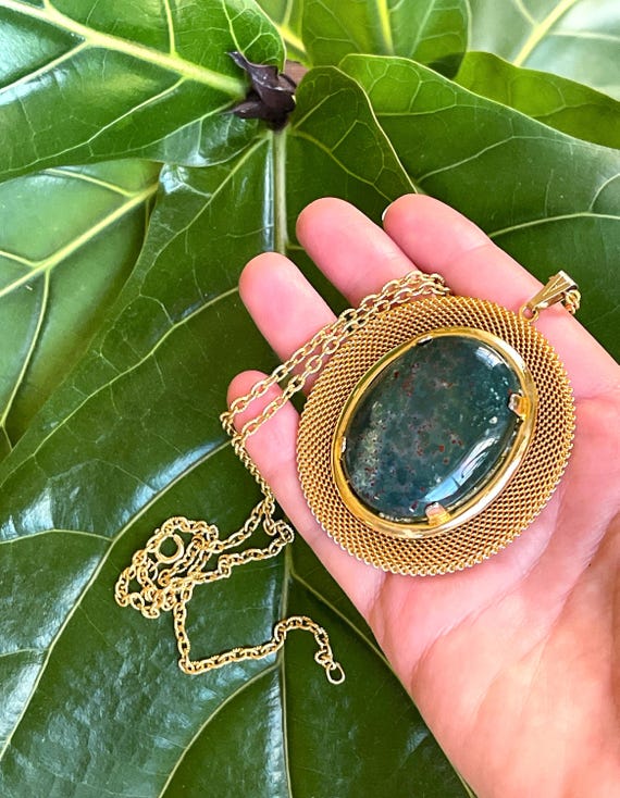 Antique bloodstone pendant and chain gold plate or gold fill