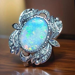 Australian Opal diamonds ring October birthstone Palladium ring