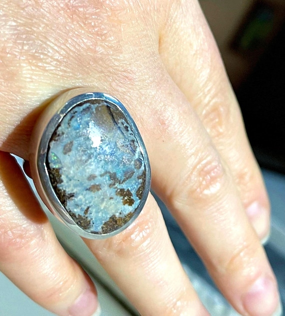 Modernist Queensland Boulder Opal Ring: Sterling Silver Unisex Jewelry