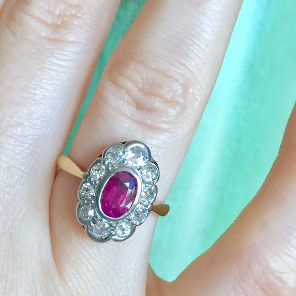BIG 18k Antique Ruby diamonds halo Platinum 18k gold Daisy engagement ring