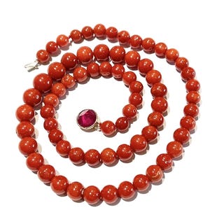 14k Blood red Coral necklace untreated red coral necklace 14k gold ruby Pyramid clasp rose cut ruby necklace