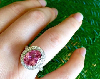 Anillo de turmalina rosa de 18 k, anillo de diamantes ardientes, documentación