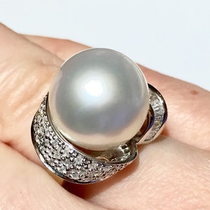 14k BIG South Sea Pearl Art Deco style Diamond Ribbon  14k gold south sea pearl ring