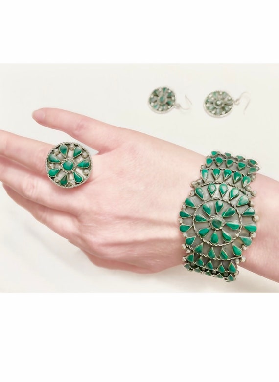 Rare Malachite floral Bracelet ring and earrings … - image 2