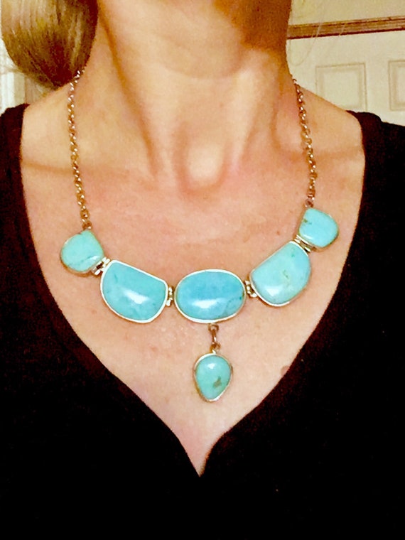 Large Blue Turquoise Sterling Silver Necklace - image 2