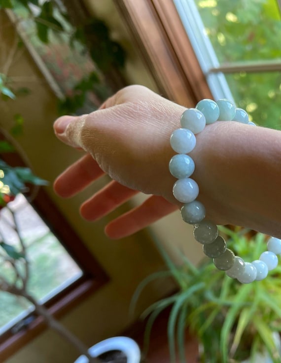 Jadeite beads bracelet unisex jadeite beads bracelet Mans jadeite bracelet mans bracelet bluish green jadeite View 6