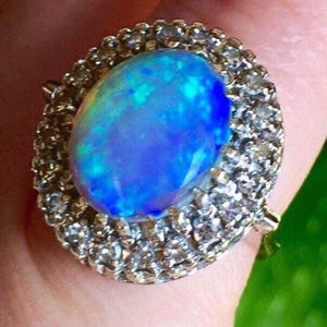 14k Black opal ring Natural Fiery black Australian Opal Diamonds Halo 14k white gold October birthstone Victorian style ring image 1